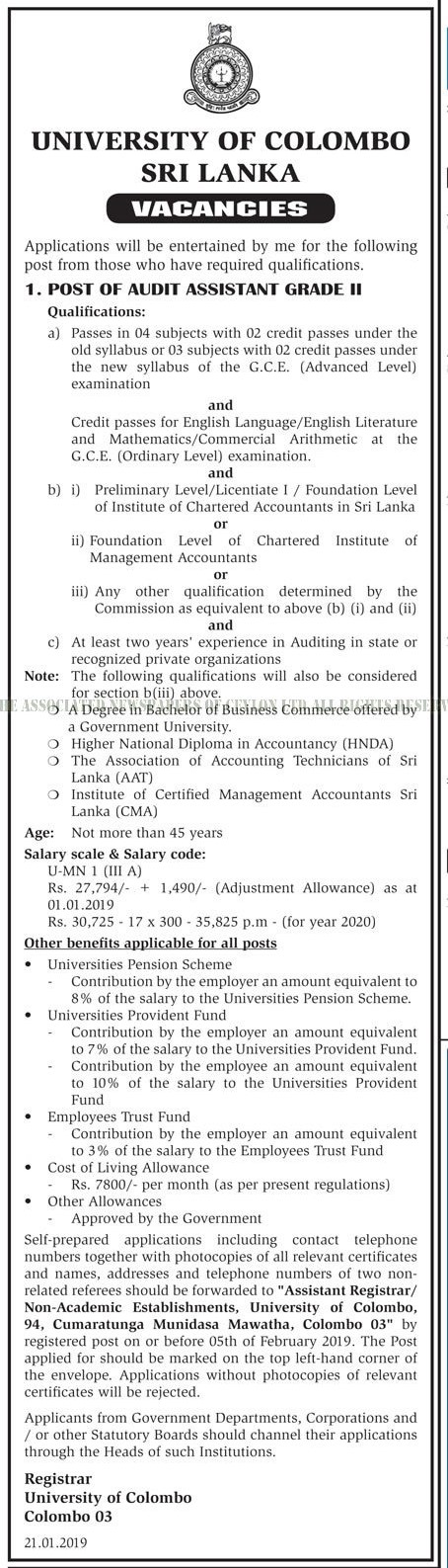 Audit Assistant - University of Colombo